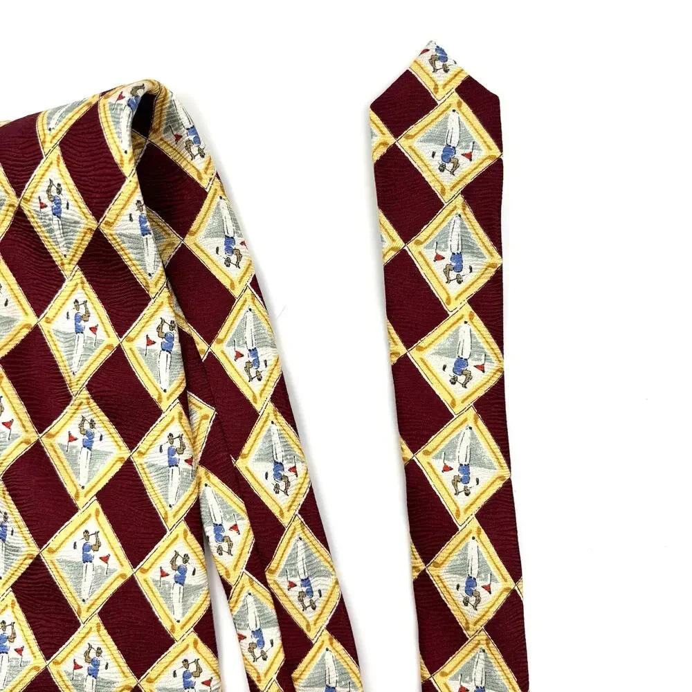 Vintage 90s Lands End Handmade in USA 100% Silk Yellow Red Man Golfing Tie 59